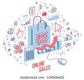 Online Shop concept, web store, internet sales, Shopping bag with pc mouse connected isolated on white. Isometric 3d vector finance illustration with icons, stats charts and design elements.