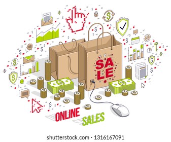 Online Shop concept, web store, internet sales, Shopping bag with pc mouse connected isolated on white. 3d vector business isometric illustration with icons, stats charts and design elements.