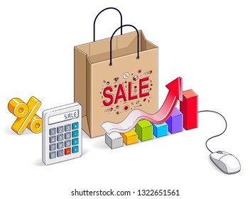 Online Shop concept, web store, internet sales, Shopping bag with pc mouse, calculator and growth chart isolated on white. Isometric vector business and finance illustration, 3d thin line design.