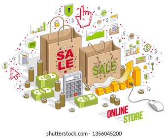 Online Shop concept, web store, internet sales, Shopping bag with pc mouse connected isolated on white. 3d vector business isometric illustration with icons, stats charts and design elements.