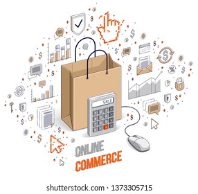 Online Shop concept, web store, internet sales, Shopping bag with pc mouse connected isolated on white. Isometric 3d vector finance illustration with icons, stats charts and design elements.