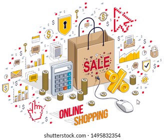 Online Shop concept, web store, internet sales, Shopping bag with pc mouse connected isolated on white. 3d vector business isometric illustration with icons, stats charts and design elements.