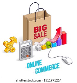 Online Shop concept, web store, internet sales, Shopping bag with pc mouse, calculator and growth chart isolated on white. Isometric vector business and finance illustration, 3d thin line design.