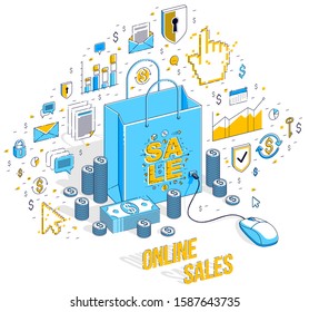 Online Shop concept, web store, internet sales, Shopping bag with pc mouse connected isolated on white. Isometric 3d vector finance illustration with icons, stats charts and design elements.