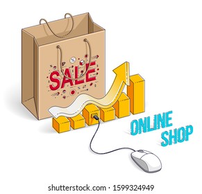 Online Shop concept, web store, internet sales, Shopping bag with pc mouse and growth chart isolated on white. Vector 3d isometric business and finance illustration, thin line design.