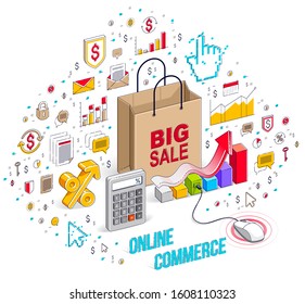 Online Shop concept, web store, internet sales, Shopping bag with pc mouse connected isolated on white. Isometric 3d vector finance illustration with icons, stats charts and design elements.