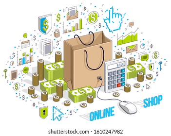 Online Shop concept, web store, internet sales, Shopping bag with pc mouse connected isolated on white. Isometric 3d vector finance illustration with icons, stats charts and design elements.