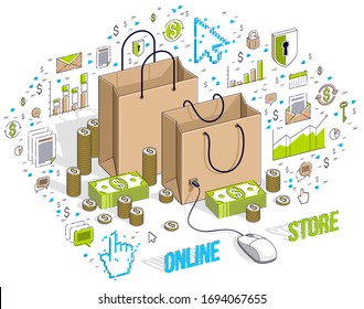Online Shop Konzept, Web-Shop, Internetverkauf, Einkaufstasche mit PC-Maus einzeln auf Weiß verbunden. Isometrische 3D-Vektorillustration-Finanzillustration mit Symbolen, Statistikdiagrammen und Designelementen.