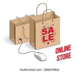 Online Shop concept, web store, internet sales, Shopping bag with pc mouse connected isolated on white background. Isometric vector business and finance illustration, 3d thin line design.