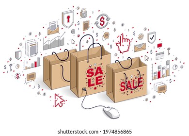 Online Shop concept, web store, internet sales, Shopping bag with pc mouse connected isolated on white. Isometric 3d vector finance illustration with icons, stats charts and design elements.