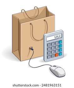 Online Shop concept, web store, internet sales, Shopping bag with pc mouse and calculator isolated on white background. Isometric vector business and finance illustration, 3d thin line design.