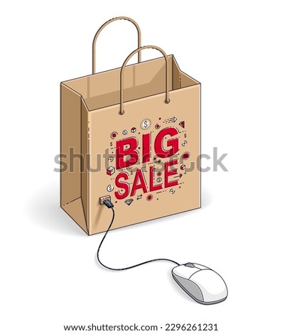 Online Shop concept, web store, internet sales, Shopping bag with pc mouse connected isolated on white background. Isometric vector business and finance illustration, 3d thin line design.