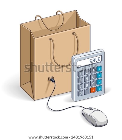 Online Shop concept, web store, internet sales, Shopping bag with pc mouse and calculator isolated on white background. Isometric vector business and finance illustration, 3d thin line design.