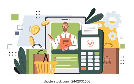 Online shop concept. Woman with cart or basket near smartphone screen with packages. Sales, discounts and promotions. ATM terminal near shopping packages. Cartoon flat vector illustration