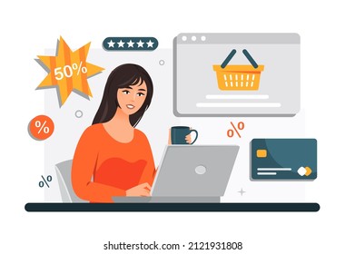 Online shop concept. Woman sitting at laptop, modern technology and digital world. Sales and advertising banners. Discounts and globalization, home delivery. Cartoon flat vector illustration