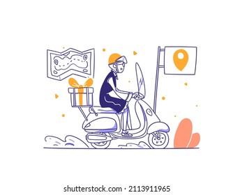 Online shop courier deliver item with motorcycle scooter concept outline hand drawn design style Premium Vector