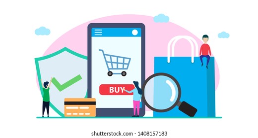 online shop creative illustration vector of graphic , small people business online shopping illustration vector , business online vector , vector flat illustration