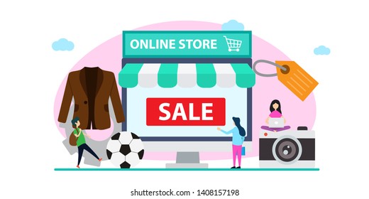 online shop creative illustration vector of graphic , small people business online shopping illustration vector , business online vector , vector flat illustration