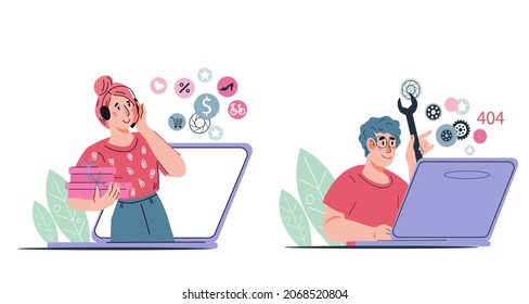 Los clientes de las tiendas en línea apoyan los servicios banners set. Asistencia técnica y línea directa las 24 horas con clientes de tienda de Internet o sitio web, ilustración vectorial de caricatura plana aislada en fondo blanco.