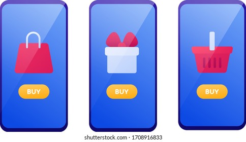 Online shop and delivery concept. Vector flat illustration set. Collection of smart phone with bag, gift box and shopping basket on device screen. Design for banner, poster, ui.