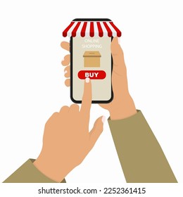 Online shop and delivery concept. Vector flat illustration. Human hand hold smart phone with pointing finger. Cart and buy button on screen with percent sign. Design for shopping banner, poster, ui. 
