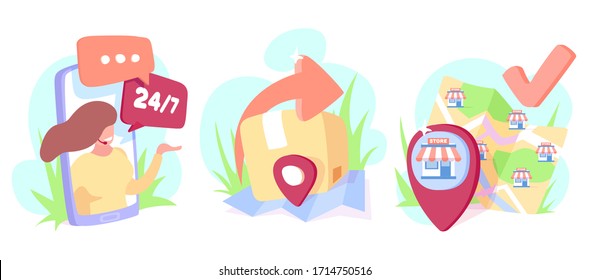 Online shop, delivery of products and customer support via modern technology concept 