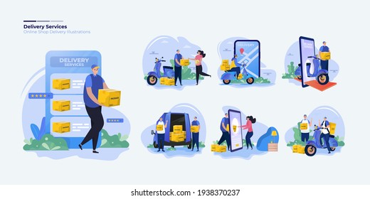 Online shop delivery service illustration concept, Illustration set about shipping services for mobile or website