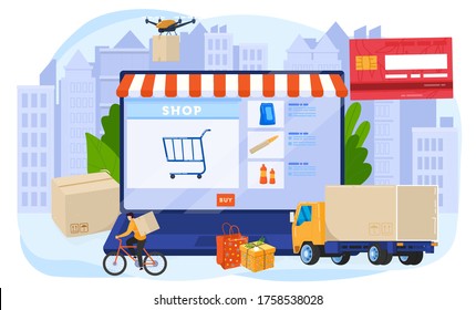 Online-Shop-Lieferung, Vektorgrafik. Cartoon-Wohnung Online-Bestellung in Mobile Shopping-App, Warenversand mit Kurierspur oder Drohne moderne, logistische e-Commerce-Dienstleistung einzeln auf weiß