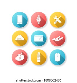 Online shop departments flat design long shadow glyph icons set. Electronic gadgets. Portable device. Headset for DJ. Roller skates. Child care. Fashion and beauty. Silhouette RGB color illustration