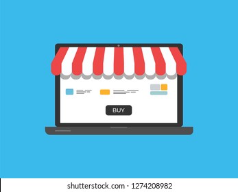 Online shop. Digital Marketing, store, E-commerce shopping concept. Striped awning, laptop screen buy. Colored flat vector icon isolated on blue. Fashion design for web UI, mobile upp, banner, poster