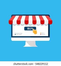 Online shop. Digital Marketing, store, Ecommerce shopping concept. Striped awning, computer screen buy. Colored flat vector icon isolated on blue. Fashion design for web UI, mobile app, banner, poster