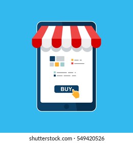 Online shop. Digital Marketing, store, Ecommerce shopping concept. Striped awning, Tablet screen buy. Colored flat vector icon isolated on blue. Fashion design for web UI, mobile app, banner, poster