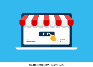 Online shop. Digital Marketing, store, E-commerce shopping concept. Striped awning, laptop screen buy. Colored flat vector icon isolated on blue. Fashion design for web UI, mobile upp, banner, poster