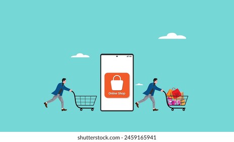 online shop or digital marketplace, businessman pushing empty shopping cart through smartphone with digital marketplace coming out with full shopping cart