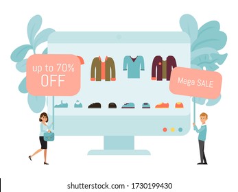 Online shop discount market, buy internet cloth isolated on white, flat vector illustration. Tiny character tablet mega sale, off 70 for outerwear. Remote mega sell, monitor personal computer.