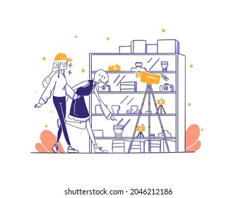 Online Shop Ecommerce Customer Buy Camera Photography Equipment category Item Concept Illustration in Outline Hand Drawn Design Style