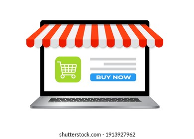 Online shop ecommerce store laptop. Buy cartoon flat digital online shop . Vector illustration eps 10