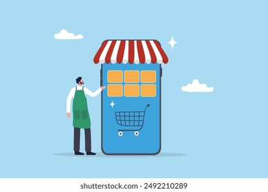 Online shop or e-commerce store, small business owner or entrepreneur shopkeeper, mobile website or app to purchasing product, retail digital shelf concept, young shopkeeper with online mobile store.