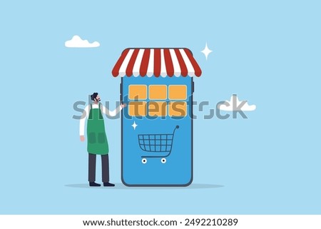 Online shop or e-commerce store, small business owner or entrepreneur shopkeeper, mobile website or app to purchasing product, retail digital shelf concept, young shopkeeper with online mobile store.