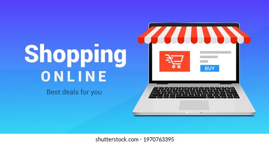 Online shop ecommerce store vector laptop. Buy cartoon flat digital online shop