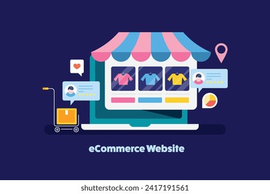 Tienda en línea, sitio web de ecommerce, Compras de productos de tienda en línea, marketing de ecommerce, Compras, Venta, compra - fondo de ilustración vectorial con iconos