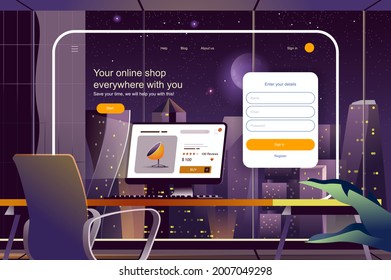 Online shop everywhere with you concept. Shopping at online store website layout. Choose of goods, payment for purchase and delivery of order. Vector illustration in flat design for landing page