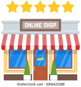Tienda en línea con icono vector de experiencia de cliente de cinco estrellas