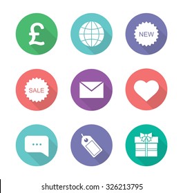 Online shop flat design icons set. Web store white silhouette illustrations on color circles.  Internet marketing and e-commerce round symbols. Gift box and chat bubble. Vector infographics elements