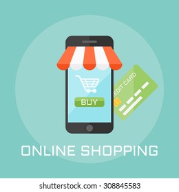 Online shop flat design style vector illustration, smartphone on the screen shows button to pay for goods