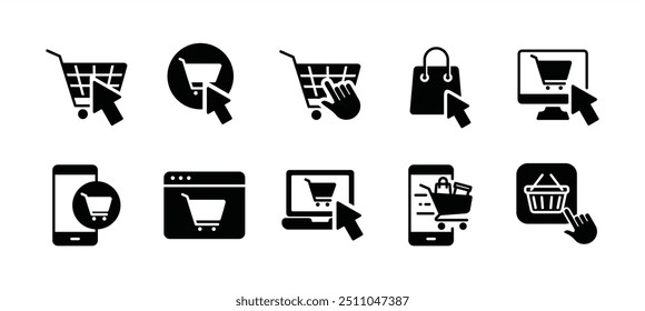 Online shop flat icon vector set. Containing click bag and shopping cart button, basket, trolley, e-commerce, e-business, delivery, marketplace, order, buy, bought, add to cart, store, mobile