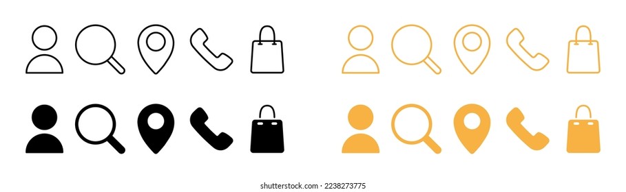 Online shop flat icons set. Person, magnifying glass, label, bag, package, shop, purchase, sale, income, profit, call, phone, support, call center. Business concept. Vector flat icon set