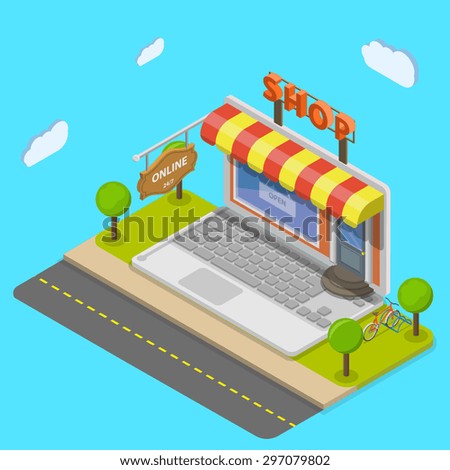 Online shop flat isometric vector concept. Laptop looks like shop on the street.
