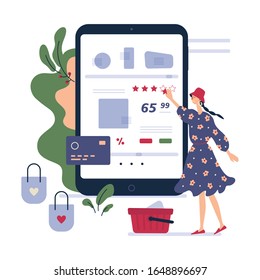 Online-Shop - modernes flaches Vektorillustration-Illustrationskonzept für Frauen, die online einkaufen Website Interaktion und Einkaufsprozess. Designvorlage für kreative Zielseiten.