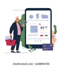 Online shop. Flat vector illustration concept of man shopping online Website interaction and purchasing process. 